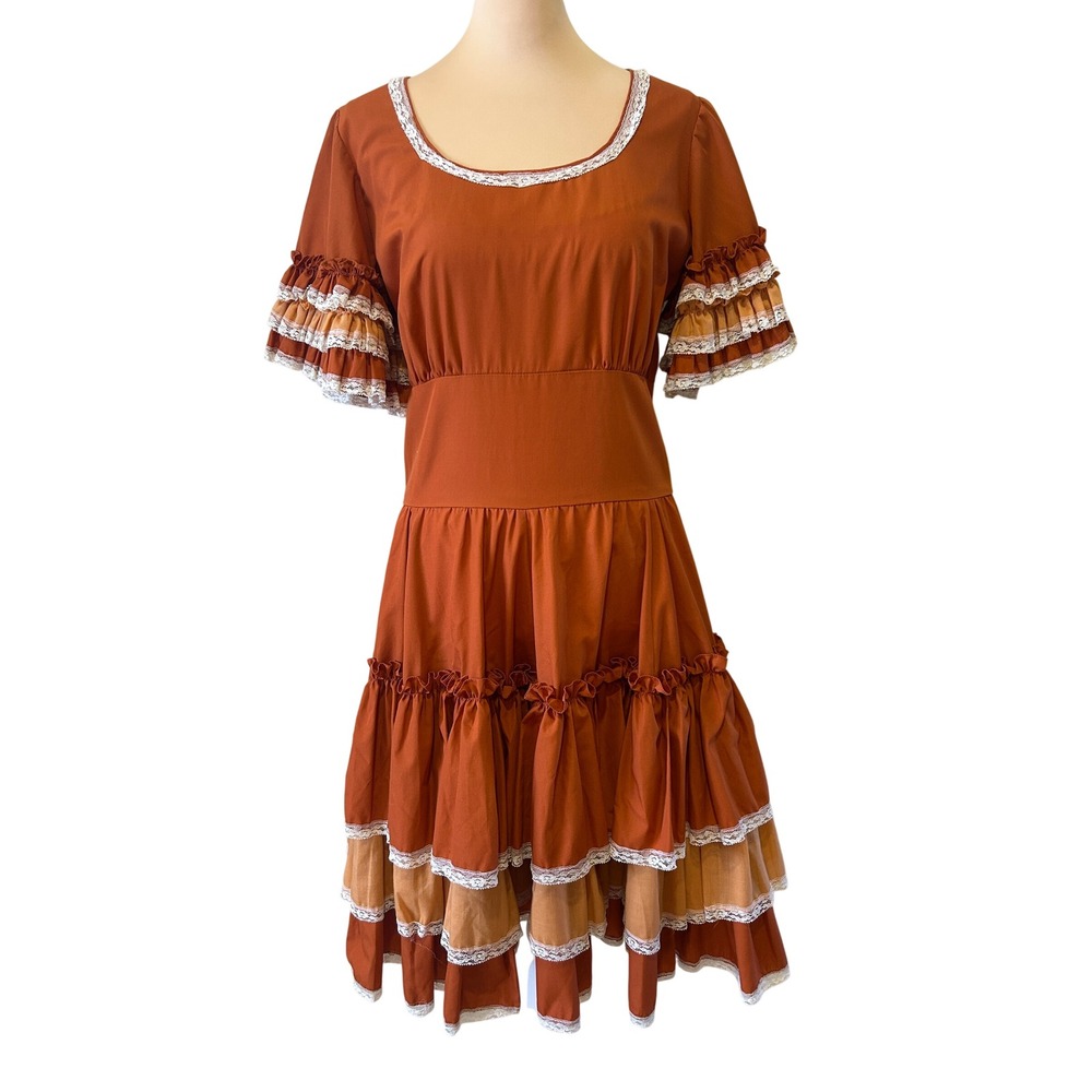 Handmade Folk Dress Size M Orange Lace Tiered Octoberfest Fall Dirndl Halloween